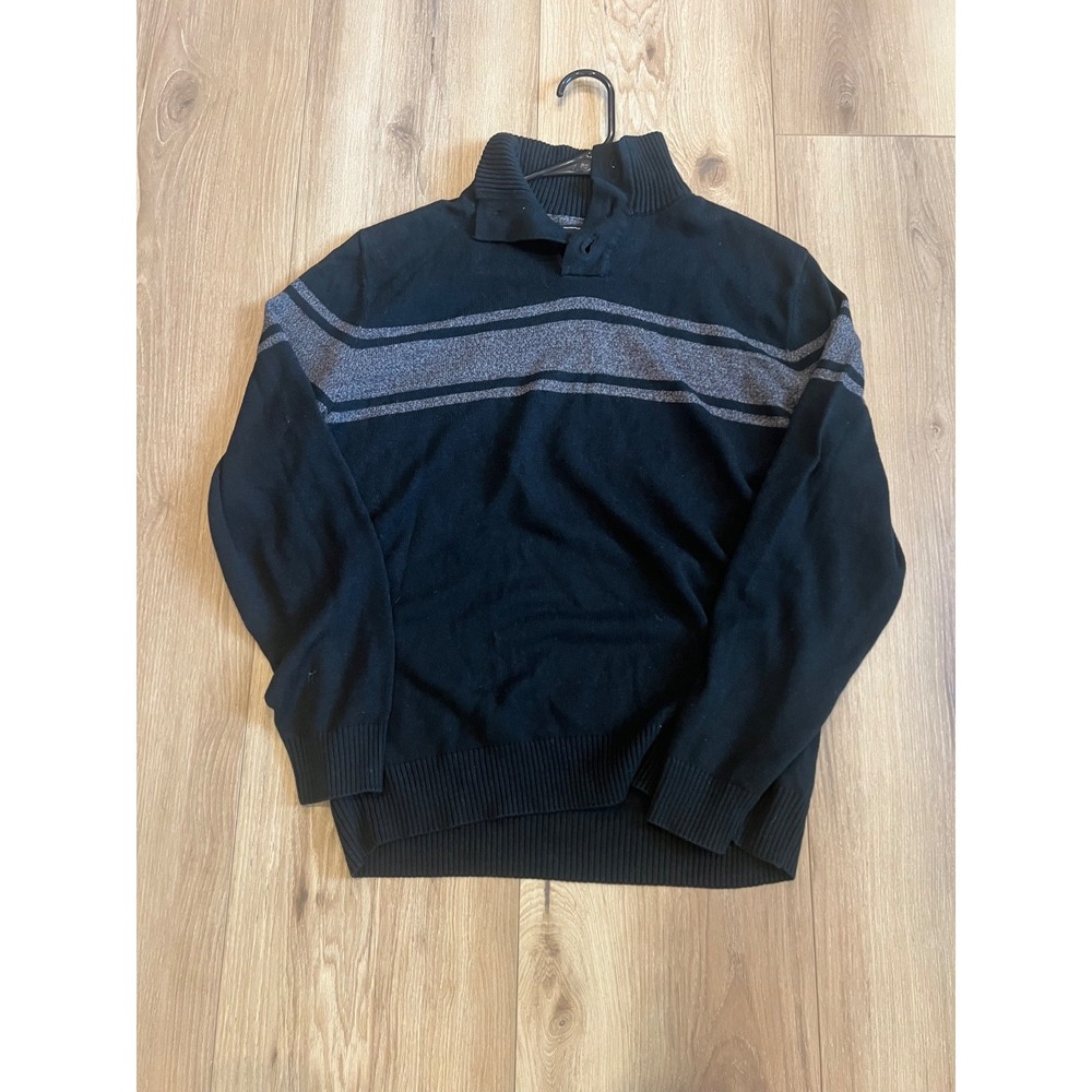 Weatherproof Men's M Black Gray Stripe Mock Neck Button Pullover Sweater Acrylic